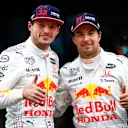 ISTANBUL, TURKEY - OCTOBER 10: Second placed Max Verstappen of Netherlands and Red Bull Racing and third placed Sergio Perez of Mexico and Red Bull Racing celebrate in parc ferme during the F1 Grand Prix of Turkey at Intercity Istanbul Park on October 10, 2021 in Istanbul, Turkey. (Photo by Mark Thompson/Getty Images)