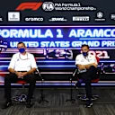 AUSTIN, TEXAS - OCTOBER 22: Haas F1 Team Principal Guenther Steiner and Jost Capito, CEO of Williams F1 talk in the Team Principals Press Conference during practice ahead of the F1 Grand Prix of USA at Circuit of The Americas on October 22, 2021 in Austin, Texas. (Photo by Dan Istitene/Getty Images)