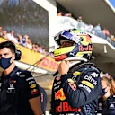 AUSTIN, TEXAS - OCTOBER 23: Third place qualifier Sergio Perez of Mexico and Red Bull Racing celebrates in parc ferme during qualifying ahead of the F1 Grand Prix of USA at Circuit of The Americas on October 23, 2021 in Austin, Texas. (Photo by Clive Mason - Formula 1/Formula 1 via Getty Images)