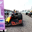 AUSTIN, TEXAS - OCTOBER 23: First place qualifier Max Verstappen of Netherlands and Red Bull Racing and third place qualifier Sergio Perez of Mexico and Red Bull Racing stop in parc ferme during qualifying ahead of the F1 Grand Prix of USA at Circuit of The Americas on October 23, 2021 in Austin, Texas. (Photo by Mark Thompson/Getty Images)