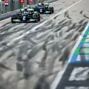 AUSTIN, TEXAS - OCTOBER 23: Valterri Bottas of Mercedes and Finland and Lewis Hamilton of Mercedes and Great Britain  during qualifying ahead of the F1 Grand Prix of USA at Circuit of The Americas on October 23, 2021 in Austin, Texas. (Photo by Peter Fox/Getty Images)