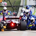 AUSTIN, TEXAS - OCTOBER 24: Mick Schumacher of Germany driving the (47) Haas F1 Team VF-21 Ferrari makes a pitstop during the F1 Grand Prix of USA at Circuit of The Americas on October 24, 2021 in Austin, Texas. (Photo by Peter Fox/Getty Images)