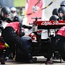 AUSTIN, TEXAS - OCTOBER 24: Kimi Raikkonen of Finland driving the (7) Alfa Romeo Racing C41 Ferrari makes a pitstop during the F1 Grand Prix of USA at Circuit of The Americas on October 24, 2021 in Austin, Texas. (Photo by Peter Fox/Getty Images)