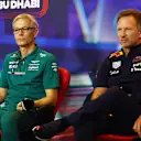 ABU DHABI, UNITED ARAB EMIRATES - NOVEMBER 19: Mike Krack, Team Principal of the Aston Martin F1 Team and Red Bull Racing Team Principal Christian Horner attend the Team Principals Press Conference prior to final practice ahead of the F1 Grand Prix of Abu Dhabi at Yas Marina Circuit on November 19, 2022 in Abu Dhabi, United Arab Emirates. (Photo by Bryn Lennon/Getty Images)