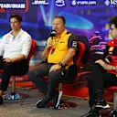 ABU DHABI, UNITED ARAB EMIRATES - NOVEMBER 19: McLaren Chief Executive Officer Zak Brown, Mercedes GP Executive Director Toto Wolff and Scuderia Ferrari Team Principal Mattia Binotto attend the Team Principals Press Conference prior to final practice ahead of the F1 Grand Prix of Abu Dhabi at Yas Marina Circuit on November 19, 2022 in Abu Dhabi, United Arab Emirates. (Photo by Bryn Lennon/Getty Images)