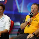 ABU DHABI, UNITED ARAB EMIRATES - NOVEMBER 19: McLaren Chief Executive Officer Zak Brown and Mercedes GP Executive Director Toto Wolff attend the Team Principals Press Conference prior to final practice ahead of the F1 Grand Prix of Abu Dhabi at Yas Marina Circuit on November 19, 2022 in Abu Dhabi, United Arab Emirates. (Photo by Bryn Lennon/Getty Images)