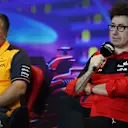 ABU DHABI, UNITED ARAB EMIRATES - NOVEMBER 19: McLaren Chief Executive Officer Zak Brown and Scuderia Ferrari Team Principal Mattia Binotto attend the Team Principals Press Conference prior to final practice ahead of the F1 Grand Prix of Abu Dhabi at Yas Marina Circuit on November 19, 2022 in Abu Dhabi, United Arab Emirates. (Photo by Bryn Lennon/Getty Images)