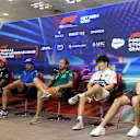 ABU DHABI, UNITED ARAB EMIRATES - NOVEMBER 17: Lewis Hamilton of Great Britain and Mercedes, Fernando Alonso of Spain and Alpine F1, Sebastian Vettel of Germany and Aston Martin F1 Team, Yuki Tsunoda of Japan and Scuderia AlphaTauri and Nicholas Latifi of Canada and Williams talk in a press conference during previews ahead of the F1 Grand Prix of Abu Dhabi at Yas Marina Circuit on November 17, 2022 in Abu Dhabi, United Arab Emirates. (Photo by Rudy Carezzevoli/Getty Images)
