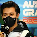 MELBOURNE, AUSTRALIA - APRIL 08: Zhou Guanyu of China and Alfa Romeo F1 talks in the Drivers Press Conference prior to practice ahead of the F1 Grand Prix of Australia at Melbourne Grand Prix Circuit on April 08, 2022 in Melbourne, Australia. (Photo by Clive Mason/Getty Images)