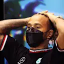 MELBOURNE, AUSTRALIA - APRIL 08: Lewis Hamilton of Great Britain and Mercedes talks in the Drivers Press Conference prior to practice ahead of the F1 Grand Prix of Australia at Melbourne Grand Prix Circuit on April 08, 2022 in Melbourne, Australia. (Photo by Robert Cianflone/Getty Images)