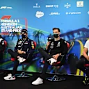 MELBOURNE, AUSTRALIA - APRIL 08: (L-R) Zhou Guanyu of China and Alfa Romeo F1, Sergio Perez of Mexico and Oracle Red Bull Racing, George Russell of Great Britain and Mercedes and Mick Schumacher of Germany and Haas F1 attend the Drivers Press Conference prior to practice ahead of the F1 Grand Prix of Australia at Melbourne Grand Prix Circuit on April 08, 2022 in Melbourne, Australia. (Photo by Clive Mason/Getty Images)