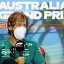 MELBOURNE, AUSTRALIA - APRIL 08: Sebastian Vettel of Germany and Aston Martin F1 Team talks in the Drivers Press Conference prior to practice ahead of the F1 Grand Prix of Australia at Melbourne Grand Prix Circuit on April 08, 2022 in Melbourne, Australia. (Photo by Robert Cianflone/Getty Images)