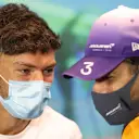 MELBOURNE, AUSTRALIA - APRIL 08: Pierre Gasly of France and Scuderia AlphaTauri and Daniel Ricciardo of Australia and McLaren talk in the Drivers Press Conference prior to practice ahead of the F1 Grand Prix of Australia at Melbourne Grand Prix Circuit on April 08, 2022 in Melbourne, Australia. (Photo by Robert Cianflone/Getty Images)