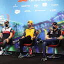 MELBOURNE, AUSTRALIA - APRIL 08: (L-R) Lewis Hamilton of Great Britain and Mercedes, Valtteri Bottas of Finland and Alfa Romeo F1, Lando Norris of Great Britain and McLaren, Max Verstappen of the Netherlands and Oracle Red Bull Racing and Yuki Tsunoda of Japan and Scuderia AlphaTauri attend the Drivers Press Conference prior to during practice ahead of the F1 Grand Prix of Australia at Melbourne Grand Prix Circuit on April 08, 2022 in Melbourne, Australia. (Photo by Robert Cianflone/Getty Images)