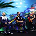 MELBOURNE, AUSTRALIA - APRIL 09: (L-R) Scuderia AlphaTauri Team Principal Franz Tost, Red Bull Racing Team Principal Christian Horner and McLaren Team Principal Andreas Seidl talk in the Team Principals Press Conference prior to final practice ahead of the F1 Grand Prix of Australia at Melbourne Grand Prix Circuit on April 09, 2022 in Melbourne, Australia. (Photo by Dan Istitene - Formula 1/Formula 1 via Getty Images)