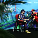 MELBOURNE, AUSTRALIA - APRIL 09: Pole position qualifier Charles Leclerc of Monaco and Ferrari and Second placed qualifier Max Verstappen of the Netherlands and Oracle Red Bull Racing talk in the press conference after qualifying ahead of the F1 Grand Prix of Australia at Melbourne Grand Prix Circuit on April 09, 2022 in Melbourne, Australia. (Photo by Dan Istitene - Formula 1/Formula 1 via Getty Images)