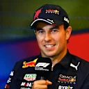 BAKU, AZERBAIJAN - JUNE 10: Sergio Perez of Mexico and Oracle Red Bull Racing talks in the Drivers Press Conference prior to practice ahead of the F1 Grand Prix of Azerbaijan at Baku City Circuit on June 10, 2022 in Baku, Azerbaijan. (Photo by Dan Mullan/Getty Images)