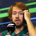 BAKU, AZERBAIJAN - JUNE 10: Sebastian Vettel of Germany and Aston Martin F1 Team talks in the Drivers Press Conference prior to practice ahead of the F1 Grand Prix of Azerbaijan at Baku City Circuit on June 10, 2022 in Baku, Azerbaijan. (Photo by Clive Rose/Getty Images)