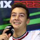 BAKU, AZERBAIJAN - JUNE 10: George Russell of Great Britain and Mercedes talks in the Drivers Press Conference prior to practice ahead of the F1 Grand Prix of Azerbaijan at Baku City Circuit on June 10, 2022 in Baku, Azerbaijan. (Photo by Clive Rose/Getty Images)