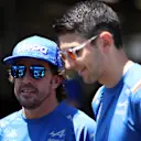 BAKU, AZERBAIJAN - JUNE 12: Fernando Alonso of Spain and Alpine F1 and Esteban Ocon of France and Alpine F1 talk to the media ahead of the F1 Grand Prix of Azerbaijan at Baku City Circuit on June 12, 2022 in Baku, Azerbaijan. (Photo by Bryn Lennon - Formula 1/Formula 1 via Getty Images)