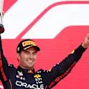 BAKU, AZERBAIJAN - JUNE 12: Second placed Sergio Perez of Mexico and Oracle Red Bull Racing celebrates on the podium during the F1 Grand Prix of Azerbaijan at Baku City Circuit on June 12, 2022 in Baku, Azerbaijan. (Photo by Peter Fox/Getty Images)