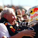 BAKU, AZERBAIJAN - JUNE 12: Race winner Max Verstappen of the Netherlands and Oracle Red Bull Racing celebrates with Red Bull Racing Team Consultant Dr Helmut Marko in parc ferme during the F1 Grand Prix of Azerbaijan at Baku City Circuit on June 12, 2022 in Baku, Azerbaijan. (Photo by Dan Istitene - Formula 1/Formula 1 via Getty Images)