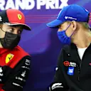 BAHRAIN, BAHRAIN - MARCH 18: Mick Schumacher of Germany and Haas F1 talks with Charles Leclerc of Monaco and Ferrari in the Drivers Press Conference before practice ahead of the F1 Grand Prix of Bahrain at Bahrain International Circuit on March 18, 2022 in Bahrain, Bahrain. (Photo by Clive Rose/Getty Images)