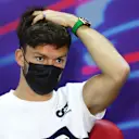 BAHRAIN, BAHRAIN - MARCH 18: Pierre Gasly of France and Scuderia AlphaTauri talks in the Drivers Press Conference before practice ahead of the F1 Grand Prix of Bahrain at Bahrain International Circuit on March 18, 2022 in Bahrain, Bahrain. (Photo by Lars Baron/Getty Images)