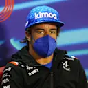 BAHRAIN, BAHRAIN - MARCH 18: Fernando Alonso of Spain and Alpine F1 talks in the Drivers Press Conference before practice ahead of the F1 Grand Prix of Bahrain at Bahrain International Circuit on March 18, 2022 in Bahrain, Bahrain. (Photo by Lars Baron/Getty Images)