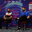 BAHRAIN, BAHRAIN - MARCH 19: Alfa Romeo Racing Team Principal Frederic Vasseur and Laurent Rossi, CEO of Alpine F1 talk in the Team Principals Press Conference before final practice ahead of the F1 Grand Prix of Bahrain at Bahrain International Circuit on March 19, 2022 in Bahrain, Bahrain. (Photo by Clive Mason/Getty Images)