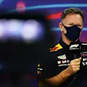BAHRAIN, BAHRAIN - MARCH 19: Red Bull Racing Team Principal Christian Horner talks in the Team Principals Press Conference before final practice ahead of the F1 Grand Prix of Bahrain at Bahrain International Circuit on March 19, 2022 in Bahrain, Bahrain. (Photo by Clive Mason/Getty Images)