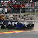 SPA, BELGIUM - AUGUST 28: Nicholas Latifi of Canada driving the (6) Williams FW44 Mercedes spins during the F1 Grand Prix of Belgium at Circuit de Spa-Francorchamps on August 28, 2022 in Spa, Belgium. (Photo by Joe Portlock - Formula 1/Formula 1 via Getty Images)