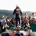 SPA, BELGIUM - AUGUST 28: Race winner Max Verstappen of the Netherlands and Oracle Red Bull Racing celebrates in parc ferme during the F1 Grand Prix of Belgium at Circuit de Spa-Francorchamps on August 28, 2022 in Spa, Belgium. (Photo by Peter Fox/Getty Images)