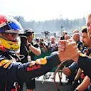 SPA, BELGIUM - AUGUST 28: Second placed Sergio Perez of Mexico and Oracle Red Bull Racing celebrates in parc ferme during the F1 Grand Prix of Belgium at Circuit de Spa-Francorchamps on August 28, 2022 in Spa, Belgium. (Photo by Dan Mullan/Getty Images)