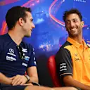 SPA, BELGIUM - AUGUST 25: Nicholas Latifi of Canada and Williams and Daniel Ricciardo of Australia and McLaren talk in the Drivers Press Conference during previews ahead of the F1 Grand Prix of Belgium at Circuit de Spa-Francorchamps on August 25, 2022 in Spa, Belgium. (Photo by Dan Mullan/Getty Images)
