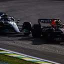 SAO PAULO, BRAZIL - NOVEMBER 12: Max Verstappen of the Netherlands driving the (1) Oracle Red Bull Racing RB18 leads George Russell of Great Britain driving the (63) Mercedes AMG Petronas F1 Team W13 during the Sprint ahead of the F1 Grand Prix of Brazil at Autodromo Jose Carlos Pace on November 12, 2022 in Sao Paulo, Brazil. (Photo by Bryn Lennon - Formula 1/Formula 1 via Getty Images)