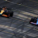 SAO PAULO, BRAZIL - NOVEMBER 12: Daniel Ricciardo of Australia driving the (3) McLaren MCL36 Mercedes and Esteban Ocon of France driving the (31) Alpine F1 A522 Renault on track during the Sprint ahead of the F1 Grand Prix of Brazil at Autodromo Jose Carlos Pace on November 12, 2022 in Sao Paulo, Brazil. (Photo by Dan Istitene - Formula 1/Formula 1 via Getty Images)