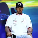 SAO PAULO, BRAZIL - NOVEMBER 12: Third placed Lewis Hamilton of Great Britain and Mercedes talks in a press conference after the Sprint ahead of the F1 Grand Prix of Brazil at Autodromo Jose Carlos Pace on November 12, 2022 in Sao Paulo, Brazil. (Photo by Dan Istitene/Getty Images)