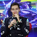 SAO PAULO, BRAZIL - NOVEMBER 12: Sprint winner George Russell of Great Britain and Mercedes talks in a press conference after the Sprint ahead of the F1 Grand Prix of Brazil at Autodromo Jose Carlos Pace on November 12, 2022 in Sao Paulo, Brazil. (Photo by Dan Istitene/Getty Images)