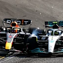 SAO PAULO, BRAZIL - NOVEMBER 13: Max Verstappen of the Netherlands driving the (1) Oracle Red Bull Racing RB18 and Lewis Hamilton of Great Britain driving the (44) Mercedes AMG Petronas F1 Team W13 collide during the F1 Grand Prix of Brazil at Autodromo Jose Carlos Pace on November 13, 2022 in Sao Paulo, Brazil. (Photo by Bryn Lennon - Formula 1/Formula 1 via Getty Images)