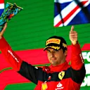 SAO PAULO, BRAZIL - NOVEMBER 13: Third placed Carlos Sainz of Spain and Ferrari celebrates on the podium during the F1 Grand Prix of Brazil at Autodromo Jose Carlos Pace on November 13, 2022 in Sao Paulo, Brazil. (Photo by Jared C. Tilton/Getty Images)