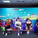 SAO PAULO, BRAZIL - NOVEMBER 10: (L-R) Sergio Perez of Mexico and Oracle Red Bull Racing, Carlos Sainz of Spain and Ferrari, Pierre Gasly of France and Scuderia AlphaTauri, Valtteri Bottas of Finland and Alfa Romeo F1 and Alexander Albon of Thailand and Williams attend the Drivers Press Conference during previews ahead of the F1 Grand Prix of Brazil at Autodromo Jose Carlos Pace on November 10, 2022 in Sao Paulo, Brazil. (Photo by Jared C. Tilton/Getty Images)