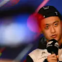 MONTREAL, QUEBEC - JUNE 17: Zhou Guanyu of China and Alfa Romeo F1 talks in the Drivers Press Conference prior to practice ahead of the F1 Grand Prix of Canada at Circuit Gilles Villeneuve on June 17, 2022 in Montreal, Quebec. (Photo by Clive Mason/Getty Images)