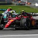 MONTREAL, QUEBEC - JUNE 19: Carlos Sainz of Spain driving (55) the Ferrari F1-75 leads Lewis Hamilton of Great Britain driving the (44) Mercedes AMG Petronas F1 Team W13 during the F1 Grand Prix of Canada at Circuit Gilles Villeneuve on June 19, 2022 in Montreal, Quebec. (Photo by Lars Baron - Formula 1/Formula 1 via Getty Images)