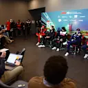 IMOLA, ITALY - APRIL 22: Charles Leclerc of Monaco and Ferrari, George Russell of Great Britain and Mercedes, Valtteri Bottas of Finland and Alfa Romeo F1, Max Verstappen of the Netherlands and Oracle Red Bull Racing and Carlos Sainz of Spain and Ferrari attend the Drivers Press Conference prior to practice ahead of the F1 Grand Prix of Emilia Romagna at Autodromo Enzo e Dino Ferrari on April 22, 2022 in Imola, Italy. (Photo by Lars Baron/Getty Images)