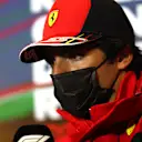 IMOLA, ITALY - APRIL 22: Carlos Sainz of Spain and Ferrari talks in the Drivers Press Conference prior to practice ahead of the F1 Grand Prix of Emilia Romagna at Autodromo Enzo e Dino Ferrari on April 22, 2022 in Imola, Italy. (Photo by Lars Baron/Getty Images)