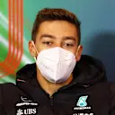 IMOLA, ITALY - APRIL 22: George Russell of Great Britain and Mercedes talks in the Drivers Press Conference prior to practice ahead of the F1 Grand Prix of Emilia Romagna at Autodromo Enzo e Dino Ferrari on April 22, 2022 in Imola, Italy. (Photo by Lars Baron/Getty Images)