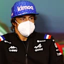 IMOLA, ITALY - APRIL 22: Fernando Alonso of Spain and Alpine F1 talks in the Drivers Press Conference prior to practice ahead of the F1 Grand Prix of Emilia Romagna at Autodromo Enzo e Dino Ferrari on April 22, 2022 in Imola, Italy. (Photo by Lars Baron/Getty Images)