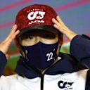 IMOLA, ITALY - APRIL 22: Yuki Tsunoda of Japan and Scuderia AlphaTauri talks in the Drivers Press Conference prior to practice ahead of the F1 Grand Prix of Emilia Romagna at Autodromo Enzo e Dino Ferrari on April 22, 2022 in Imola, Italy. (Photo by Lars Baron/Getty Images)