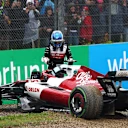 IMOLA, ITALY - APRIL 22: Valtteri Bottas of Finland driving the (77) Alfa Romeo F1 C42 Ferrari stops in the gravel during practice ahead of the F1 Grand Prix of Emilia Romagna at Autodromo Enzo e Dino Ferrari on April 22, 2022 in Imola, Italy. (Photo by Lars Baron - Formula 1/Formula 1 via Getty Images)